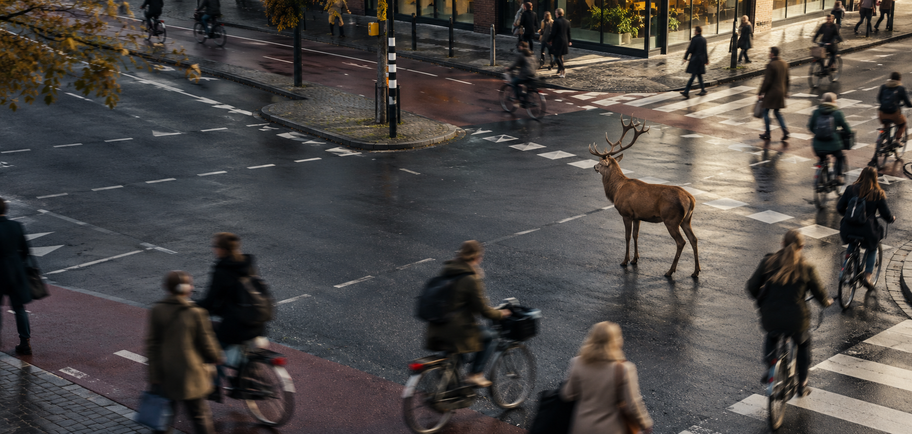 Een hert staat stil op een druk Nederlands kruispunt terwijl fietsers en voetgangers bewegen